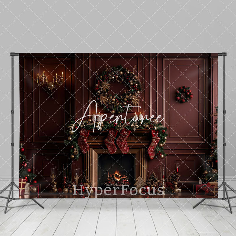 Aperturee - Aperturee Dark Red Luxury Wall Fireplace Christmas Backdrop