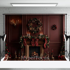 Aperturee - Aperturee Dark Red Luxury Wall Fireplace Christmas Backdrop