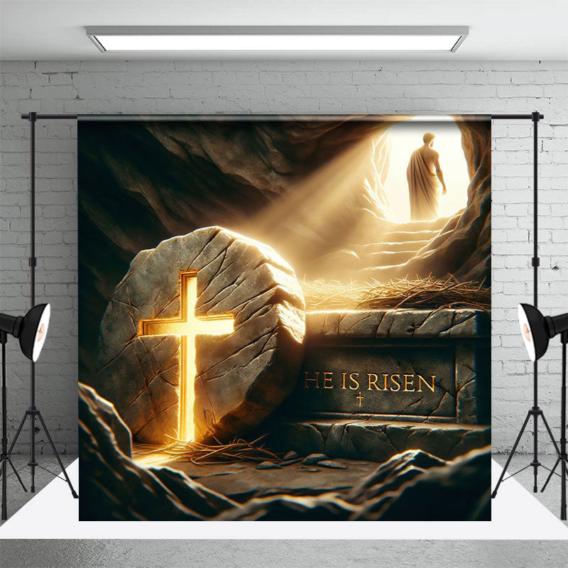 Aperturee - Aperturee Dark Stone Tomb Cross He Is Risen Easter Backdrop