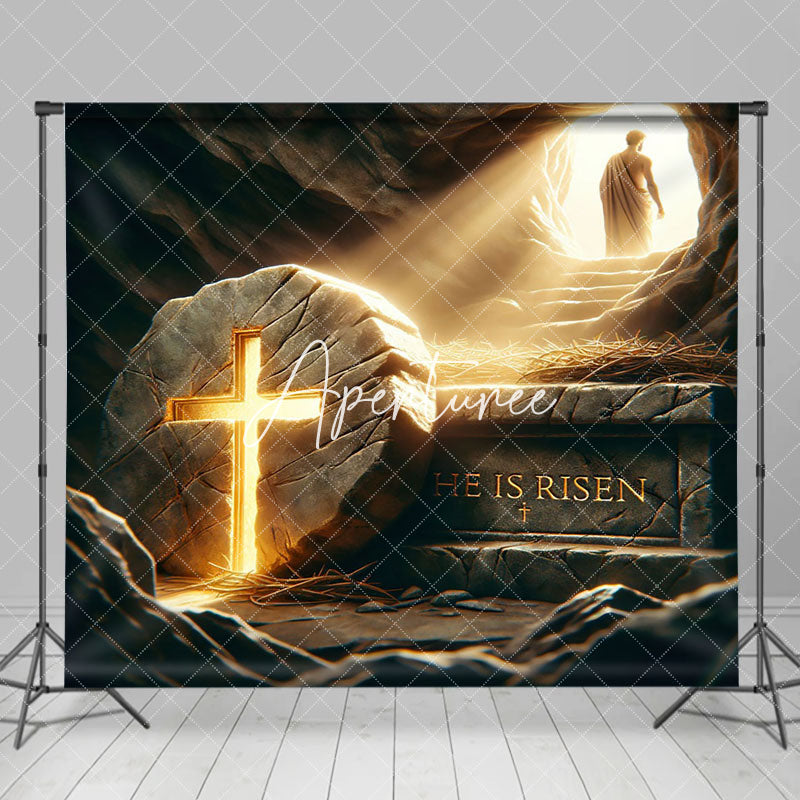 Aperturee - Aperturee Dark Stone Tomb Cross He Is Risen Easter Backdrop