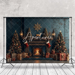 Aperturee - Aperturee Dark Teal Fireplace Trees Gifts Christmas Backdrop