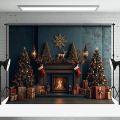 Aperturee - Aperturee Dark Teal Fireplace Trees Gifts Christmas Backdrop