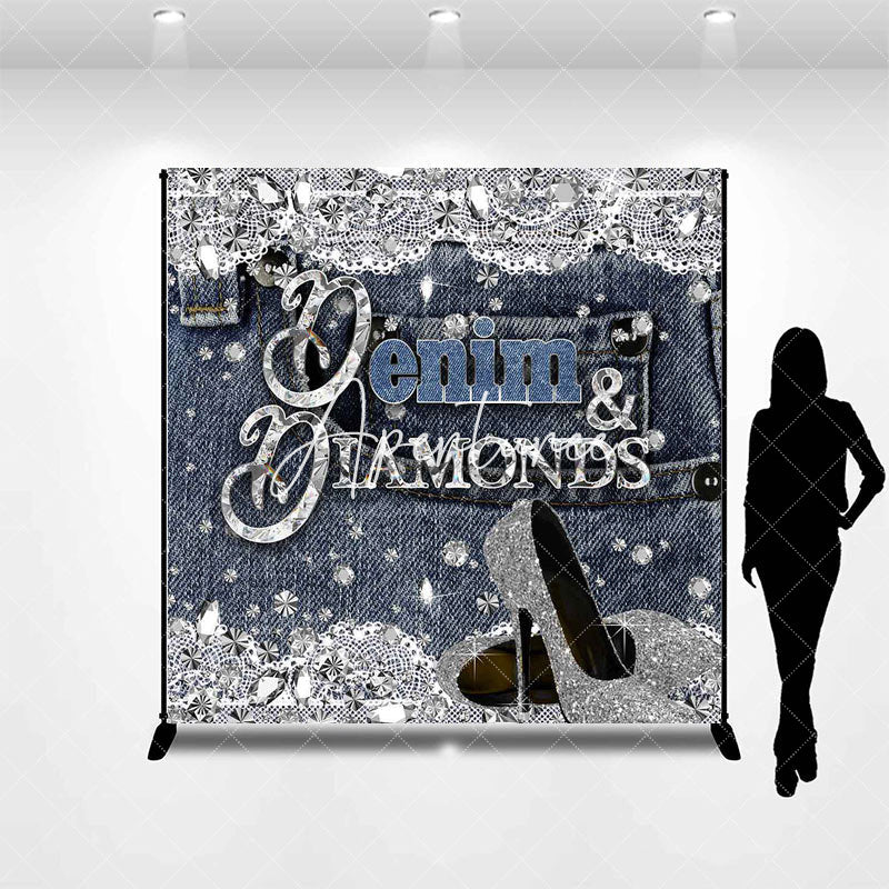 Aperturee - Aperturee Denim Diamonds Glitter Custom Name Birthday Backdrop