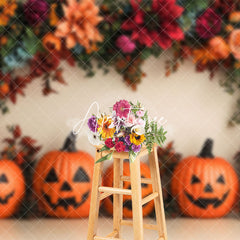 Aperturee - Aperturee Dense Floral Leaves Pumpkin Halloween Photo Backdrop