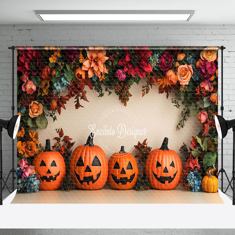 Aperturee - Aperturee Dense Floral Leaves Pumpkin Halloween Photo Backdrop