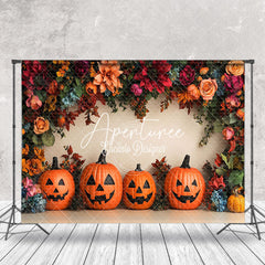 Aperturee - Aperturee Dense Floral Leaves Pumpkin Halloween Photo Backdrop