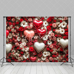 Aperturee - Aperturee Dense Floral Love Balloons Valentines Day Backdrop