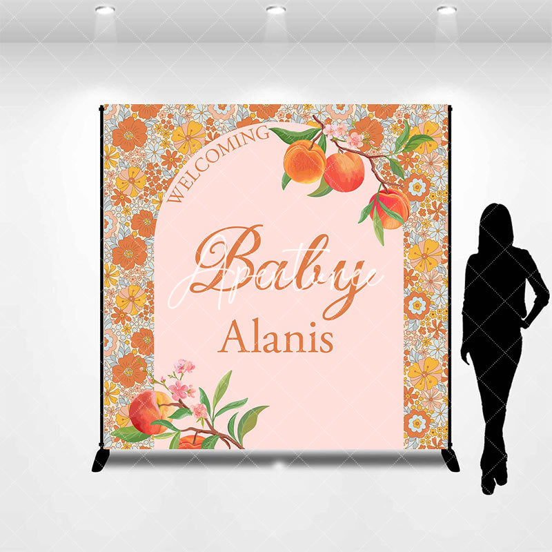 Aperturee - Aperturee Dense Floral Peach Custom Name Welcome Baby Backdrop