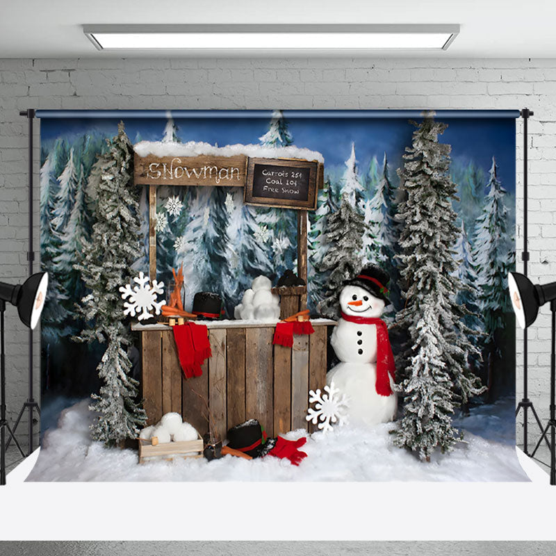 Aperturee - Aperturee Dense Pine Trees Shelves Snowman Christmas Backdrop