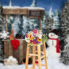 Aperturee - Aperturee Dense Pine Trees Shelves Snowman Christmas Backdrop