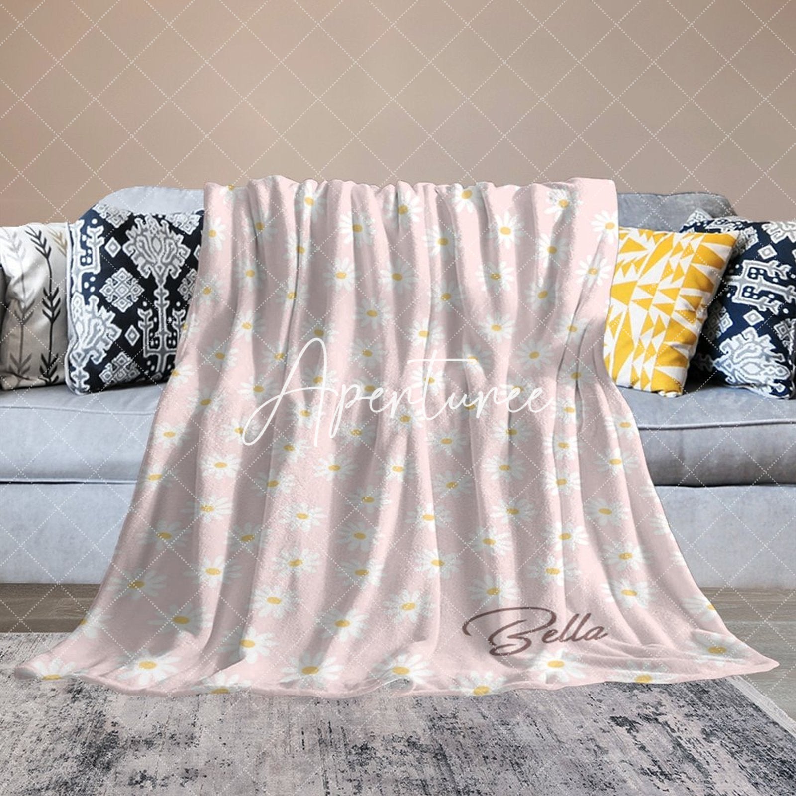 Aperturee - Aperturee Dense Pink White Daisy Floral Custom Name Blanket