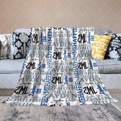 Aperturee - Aperturee Dense Repeated Blue Grey Custom Family Name Blanket