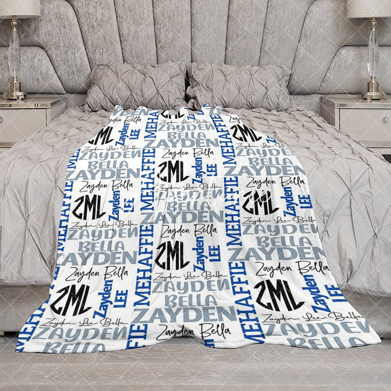 Aperturee - Aperturee Dense Repeated Blue Grey Custom Family Name Blanket