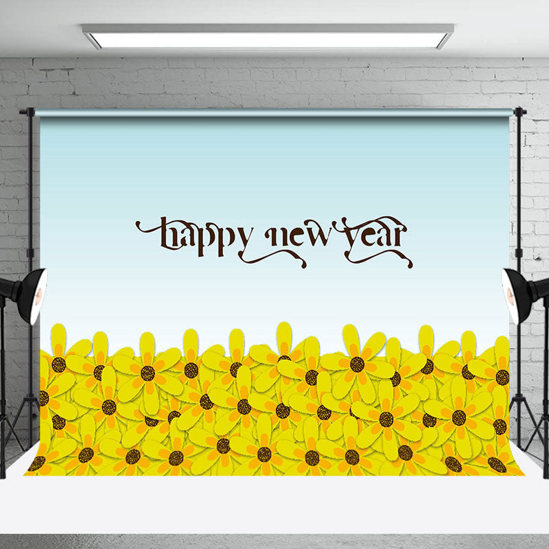 Aperturee - Aperturee Dense Yellow Floral Blue Happy New Year Backdrop