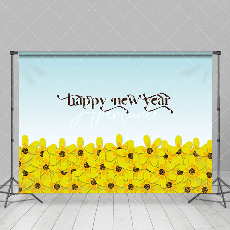 Aperturee - Aperturee Dense Yellow Floral Blue Happy New Year Backdrop