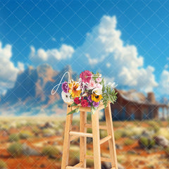 Aperturee - Aperturee Desert Hut Weeds Blue Sky Mountain Scene Backdrop