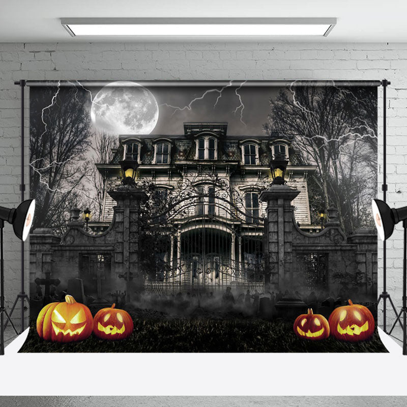 Aperturee - Aperturee Desolate Manor Night Lightning Halloween Backdrop