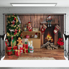 Aperturee - Aperturee Dolls Wood Fireplace Pine Tree Christmas Backdrop