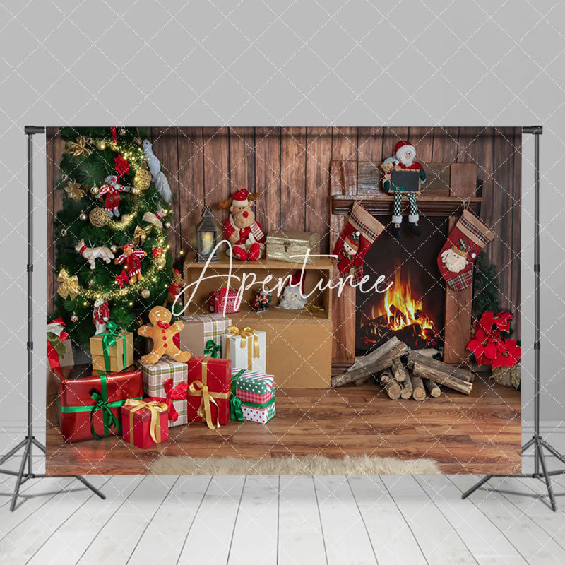 Aperturee - Aperturee Dolls Wood Fireplace Pine Tree Christmas Backdrop