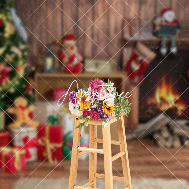 Aperturee - Aperturee Dolls Wood Fireplace Pine Tree Christmas Backdrop