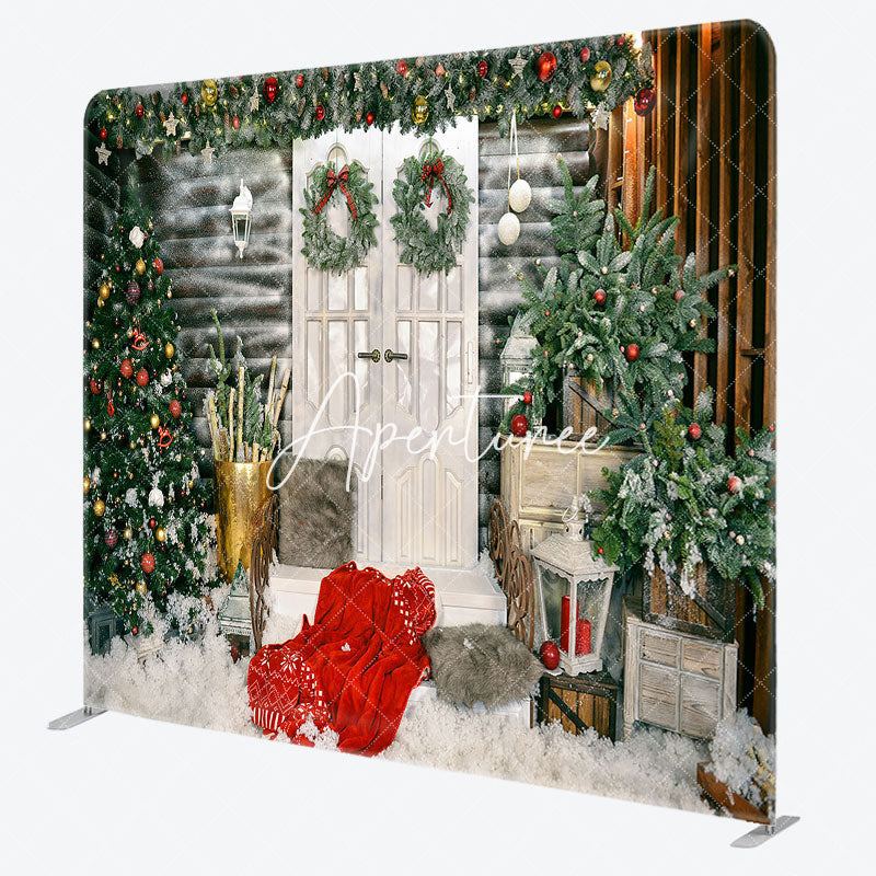 Aperturee - Aperturee Door Wreath Pine Tree Christmas Pillow Case Backdrop