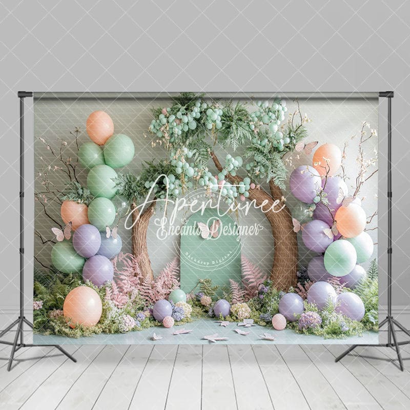 Aperturee - Aperturee Dreamlike Floral Balloons Tree Cake Smash Backdrop