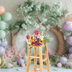 Aperturee - Aperturee Dreamlike Floral Balloons Tree Cake Smash Backdrop