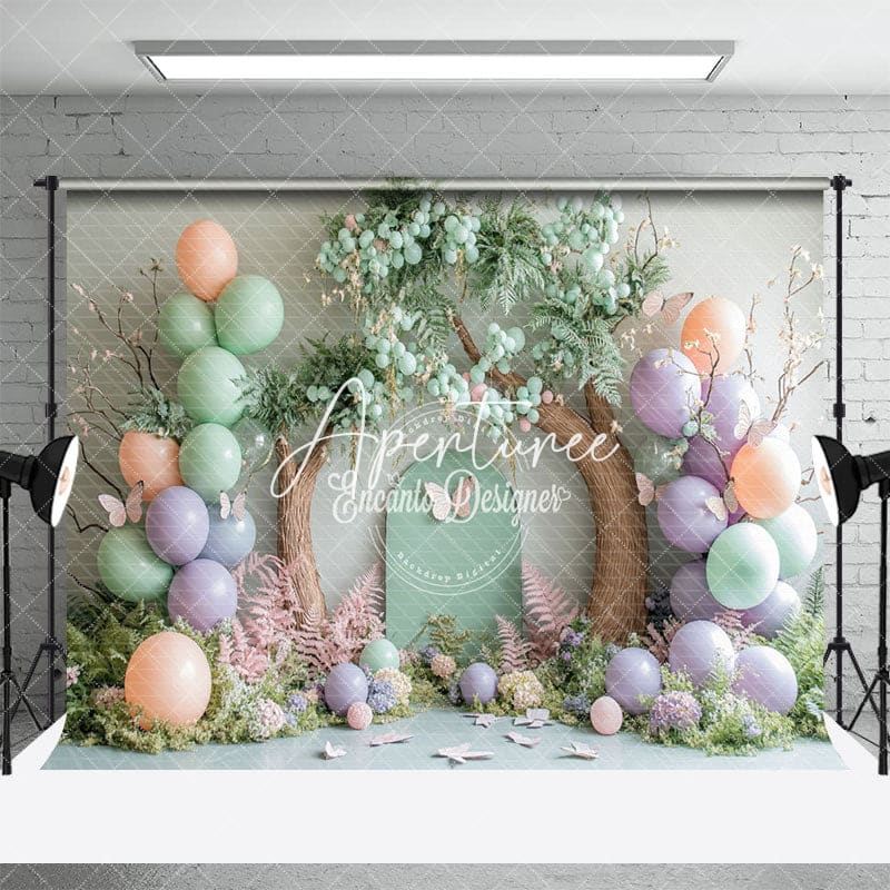 Aperturee - Aperturee Dreamlike Floral Balloons Tree Cake Smash Backdrop