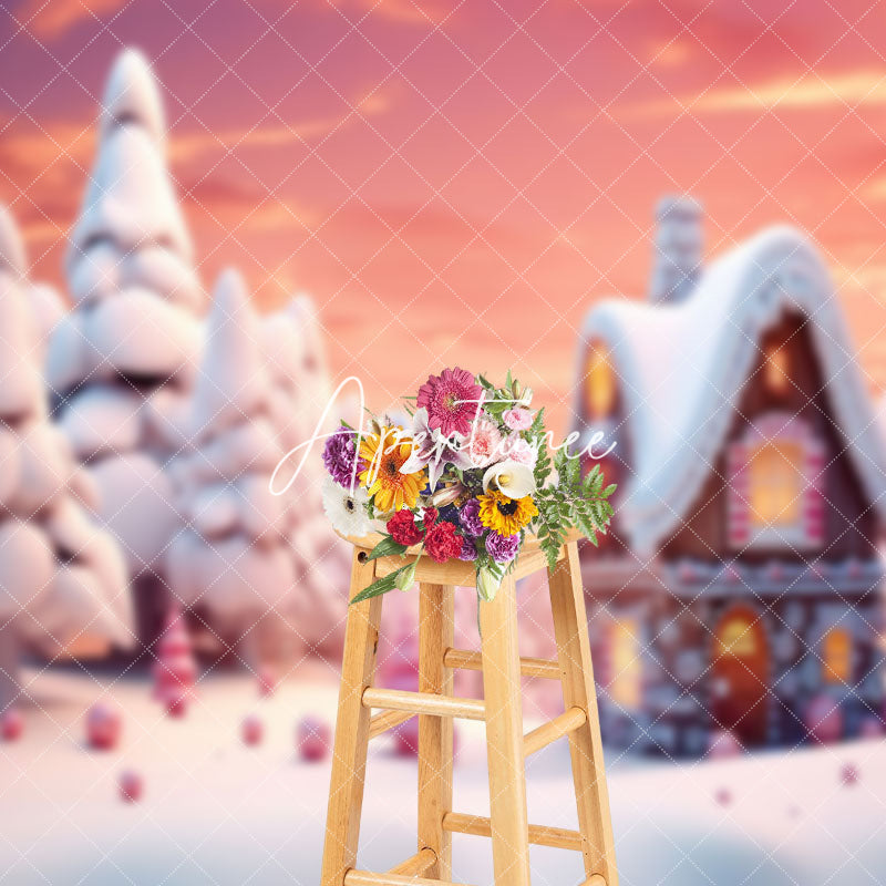 Aperturee - Aperturee Dreamy 3D Gingerbread House Pine Winter Backdrop