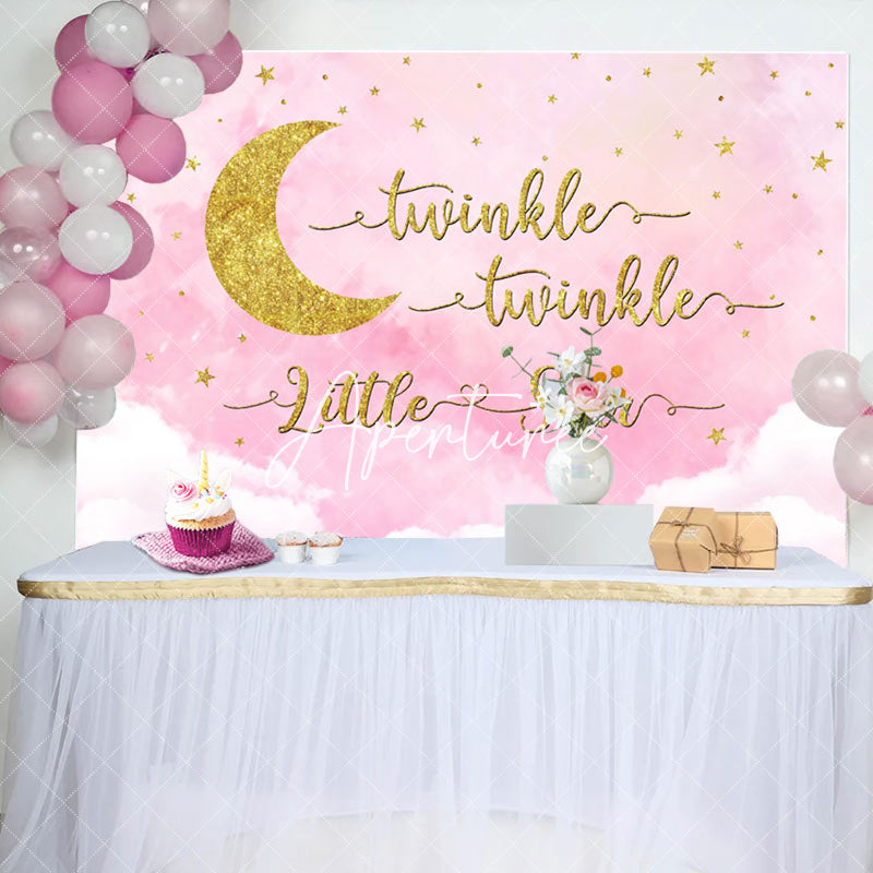 Aperturee - Aperturee Dreamy Pink Golden Moon Twinkle Baby Shower Backdrop