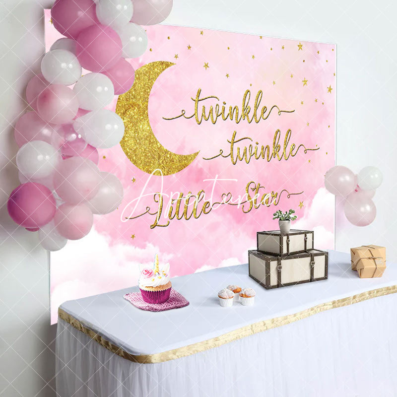 Aperturee - Aperturee Dreamy Pink Golden Moon Twinkle Baby Shower Backdrop