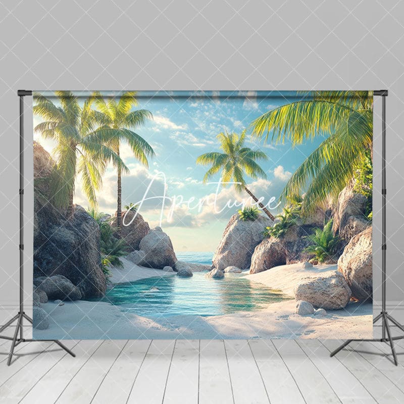 Aperturee - Aperturee Dreamy Tropical Beach Scene Water Palms Backdrop