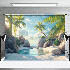 Aperturee - Aperturee Dreamy Tropical Beach Scene Water Palms Backdrop