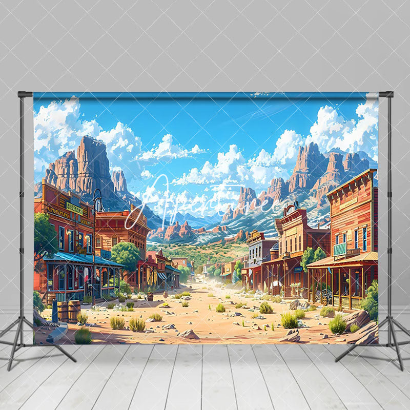 Aperturee - Aperturee Dusty Western Town Mountain Blue Sky Scene Backdrop