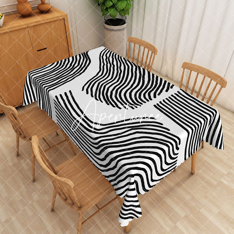 Aperturee - Aperturee Dynamic Black And White Waves Striped Tablecloth