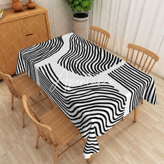 Aperturee - Aperturee Dynamic Black And White Waves Striped Tablecloth