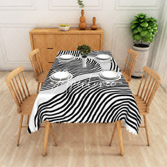 Aperturee - Aperturee Dynamic Black And White Waves Striped Tablecloth