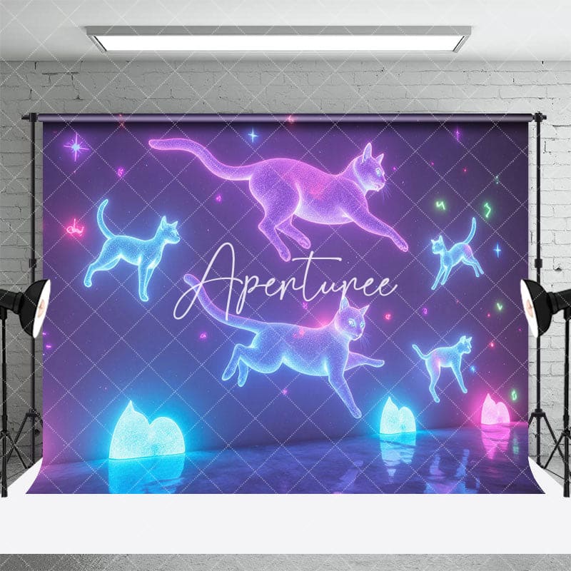 Aperturee - Aperturee Dynamic Neon Cats Flying Night Sky Stars Backdrop