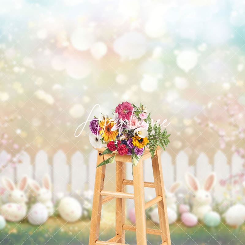 Aperturee - Aperturee Easter Scene With White Fence Bunnies Eggs Backdrop