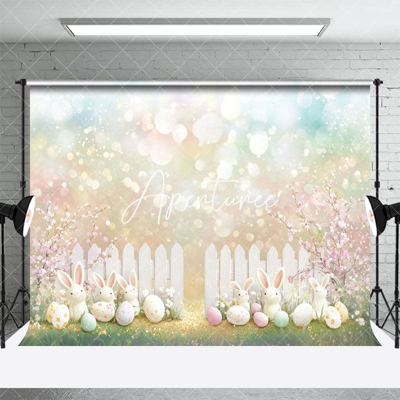 Aperturee - Aperturee Easter Scene With White Fence Bunnies Eggs Backdrop