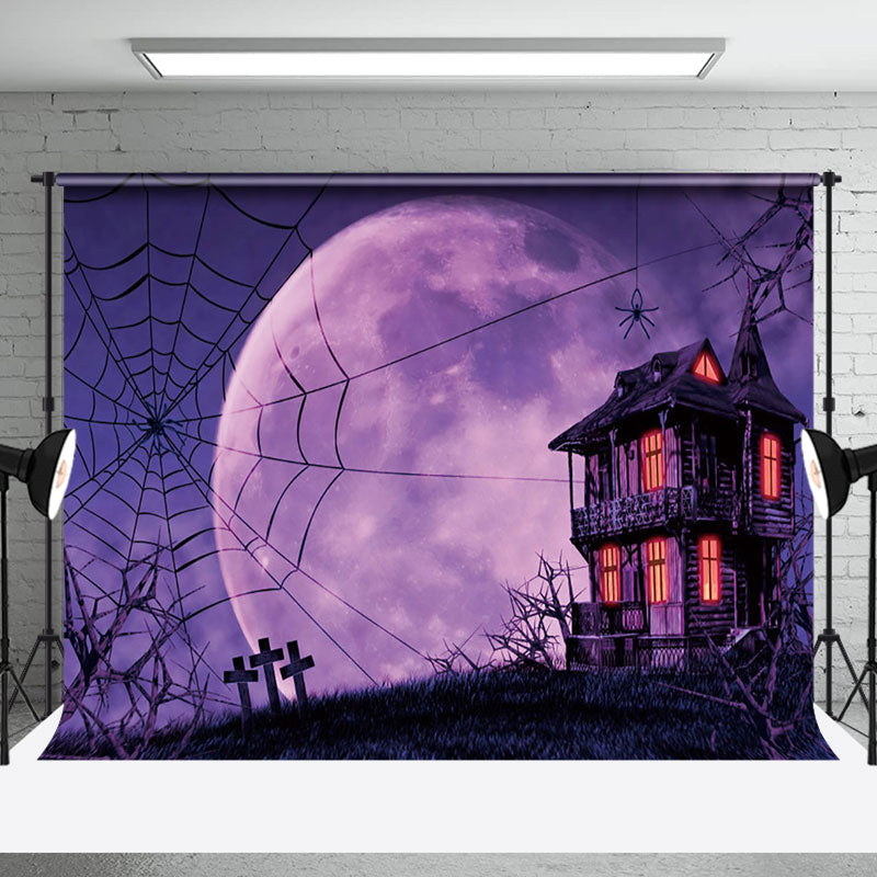 Aperturee - Aperturee Eerie Purple Night Haunted House Halloween Backdrop