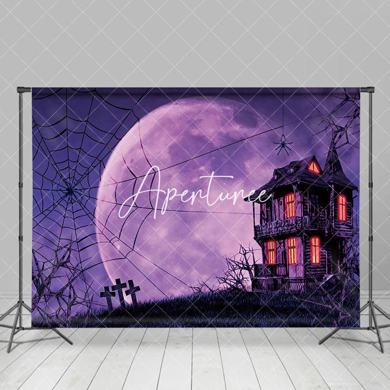 Aperturee - Aperturee Eerie Purple Night Haunted House Halloween Backdrop