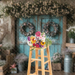 Aperturee - Aperturee Eggs Wreath Blue Wood Door Retro Easter Backdrop