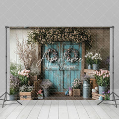 Aperturee - Aperturee Eggs Wreath Blue Wood Door Retro Easter Backdrop