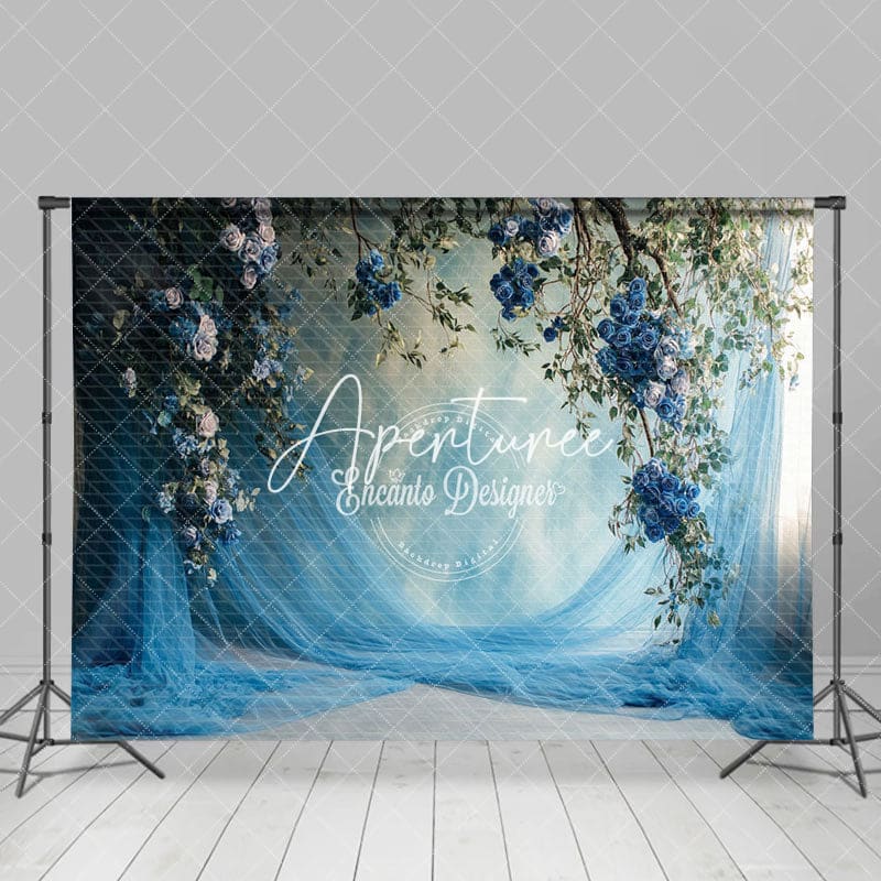 Aperturee - Aperturee Elegant Blue Curtain Floral Wedding Photo Backdrop