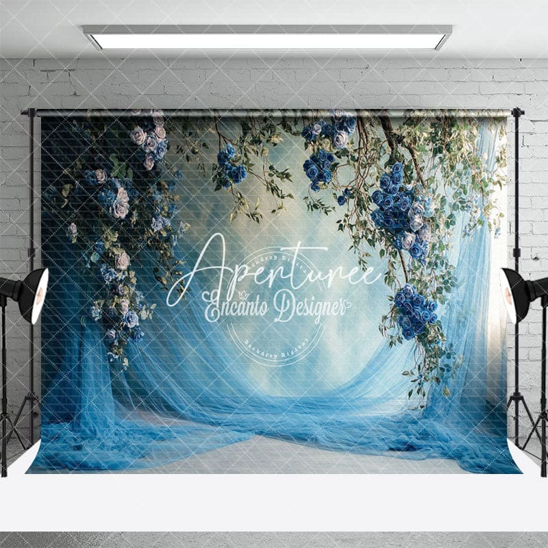 Aperturee - Aperturee Elegant Blue Curtain Floral Wedding Photo Backdrop