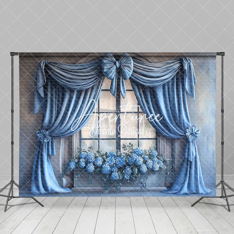 Aperturee - Aperturee Elegant Blue Curtain Window Photography Backdrop