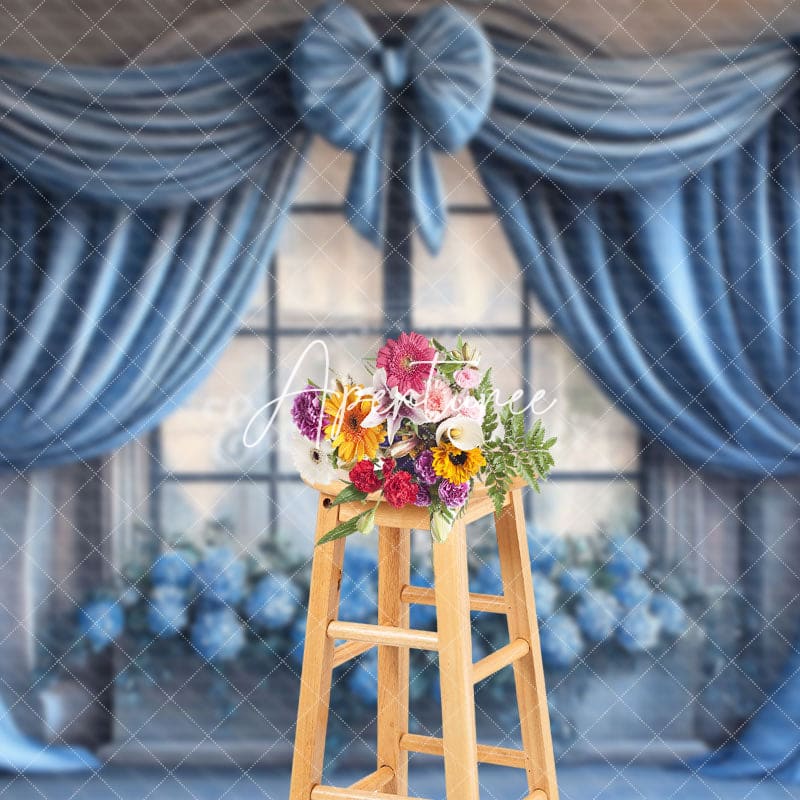 Aperturee - Aperturee Elegant Blue Curtain Window Photography Backdrop