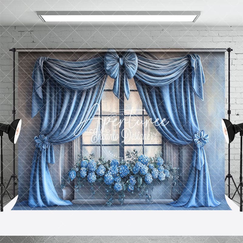 Aperturee - Aperturee Elegant Blue Curtain Window Photography Backdrop