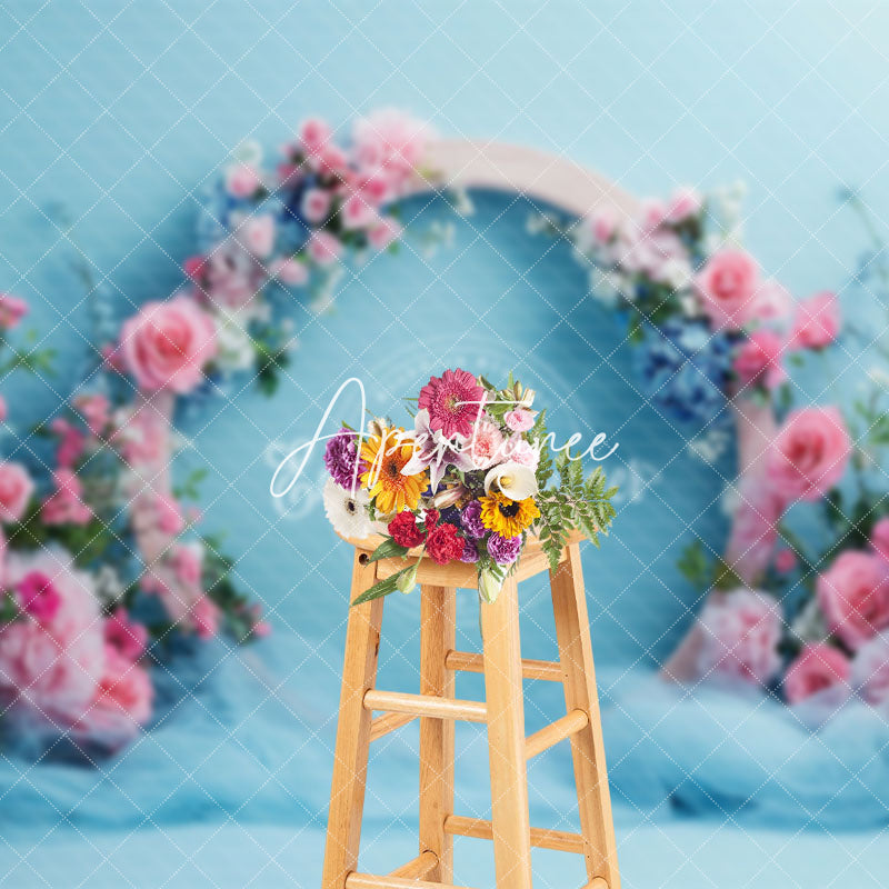 Aperturee - Aperturee Elegant Blue Floral Arch Wedding Photo Backdrop